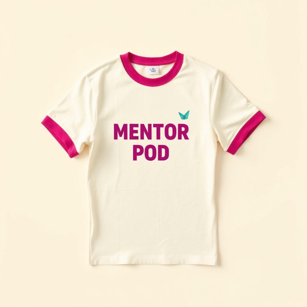 Cream ringer tee with magenta trim and Mentor Pod chest print.