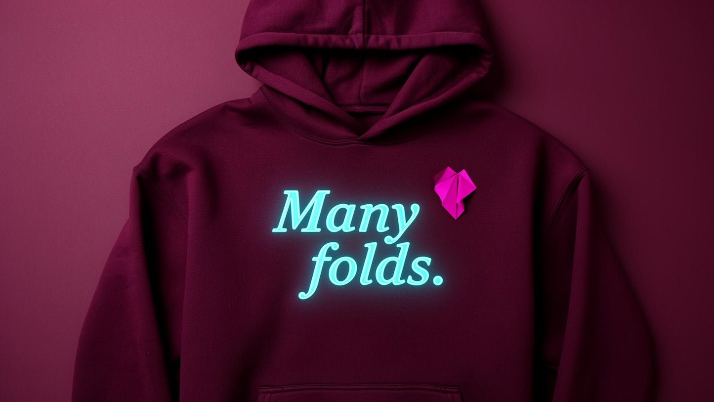 Unfolds Hoodie — plum hoodie with neon cyan "Many folds." print