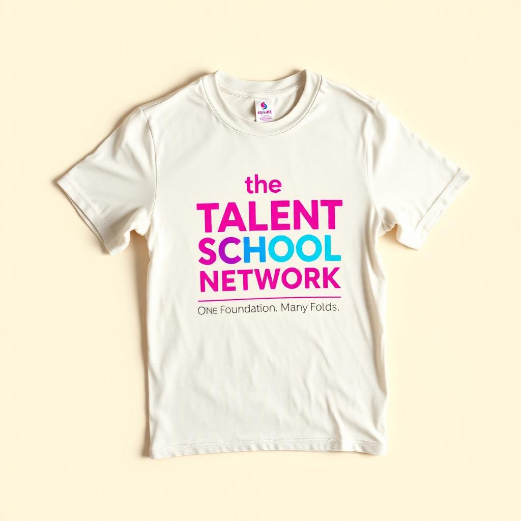 Cream tee with stacked Talent School Network wordmark in neon magenta and cyan.