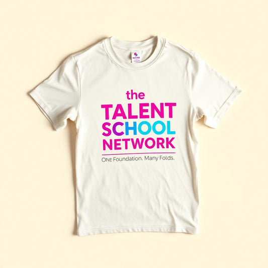 Cream tee with stacked Talent School Network wordmark in neon magenta and cyan.