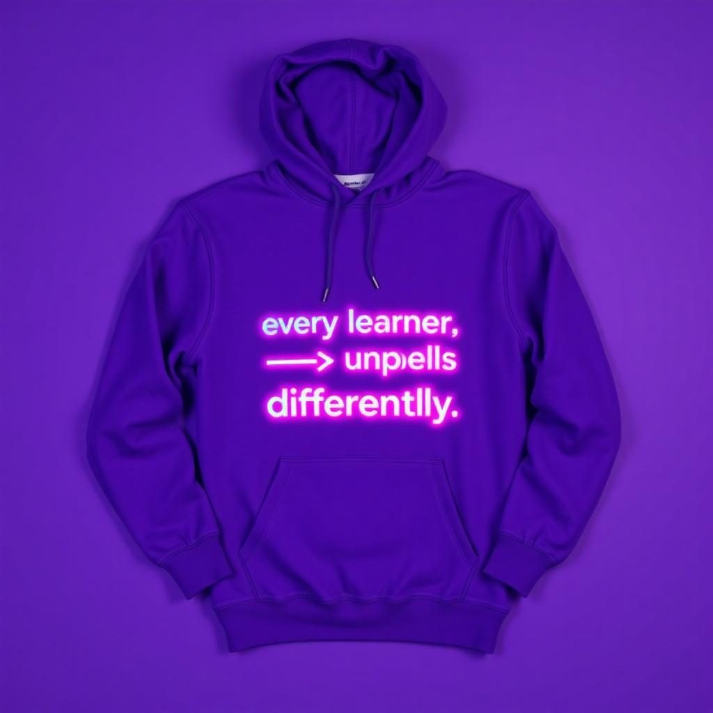 Deep purple hoodie with glowing neon serif text reading every learner unfolds differently.