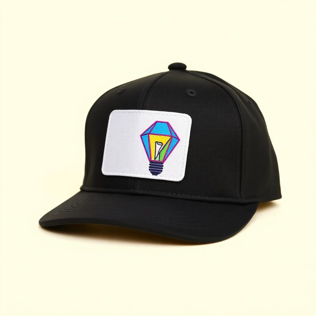 Black six-panel dad cap with neon embroidered origami lightbulb patch.