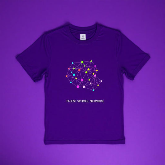 Deep purple tee with neon origami network constellation print.