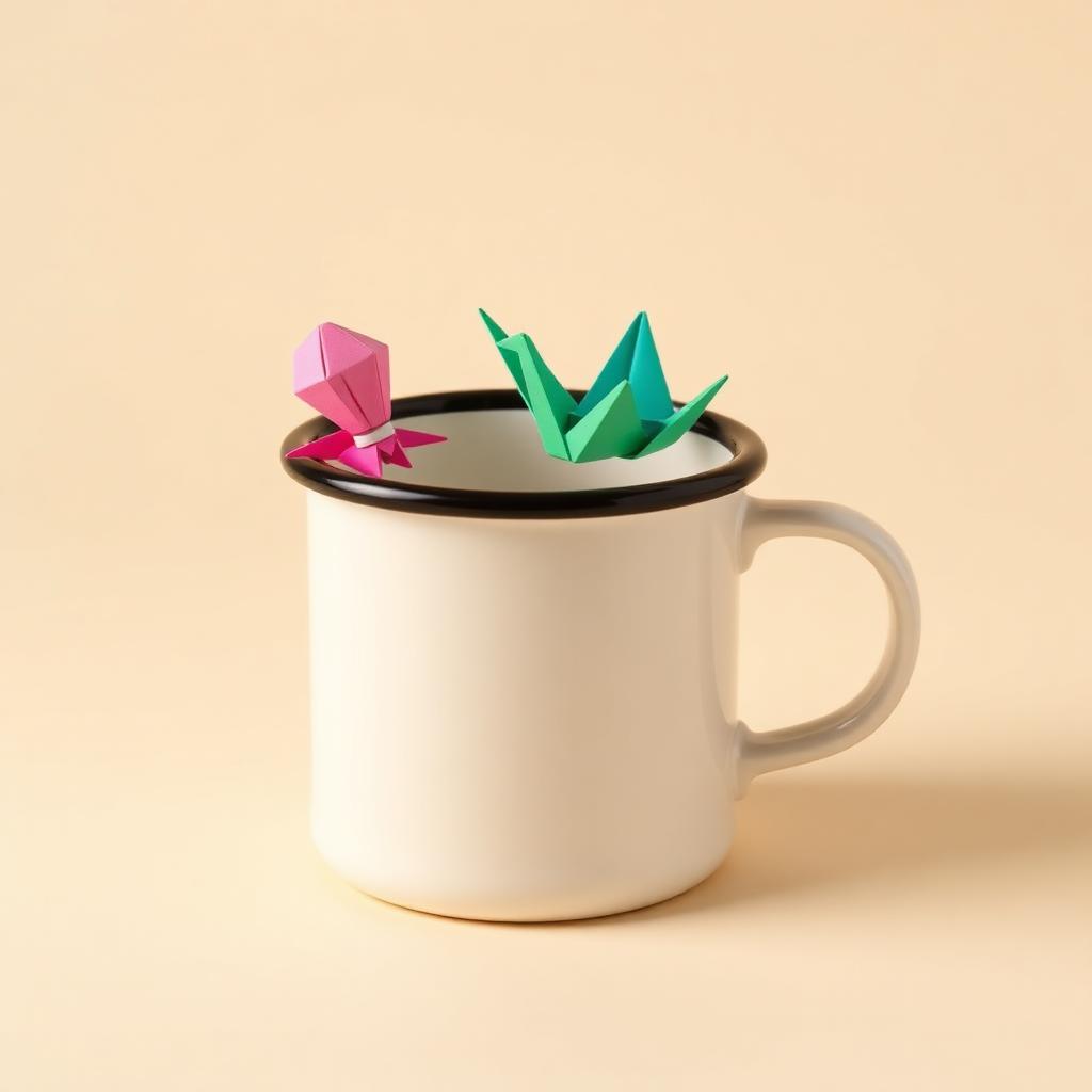 Cream enamel mug with origami sculpture wrap print.