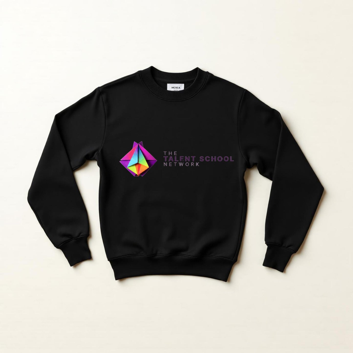 Talent School Creator Crew — 2026 lockup, black crewneck on cream