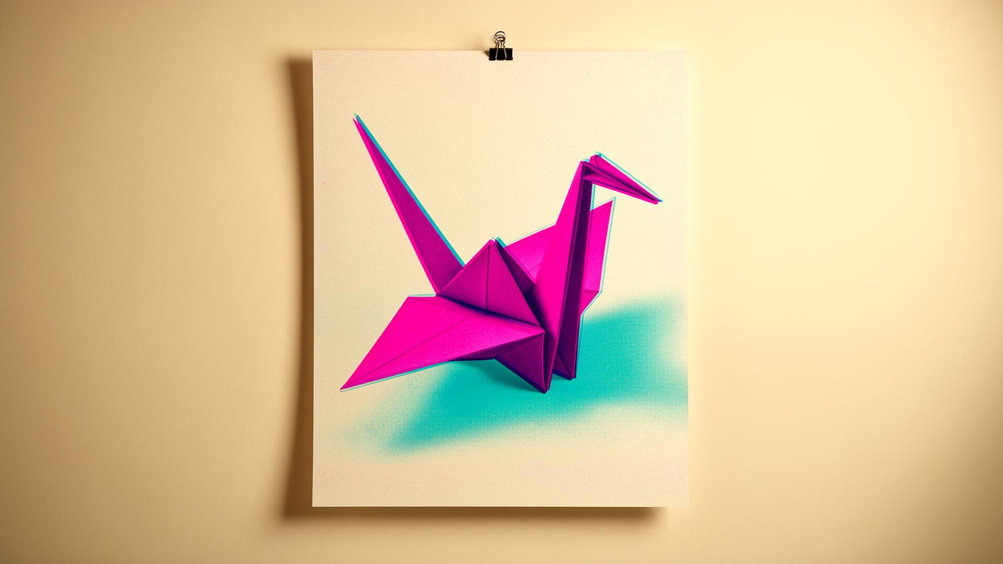Crane Riso Poster — 18x24 magenta and cyan riso crane on cream stock