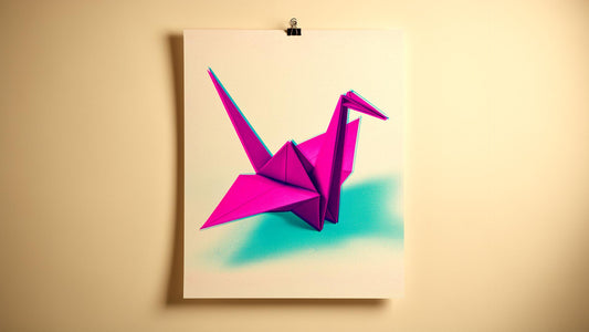 Crane Riso Poster — 18x24 magenta and cyan riso crane on cream stock