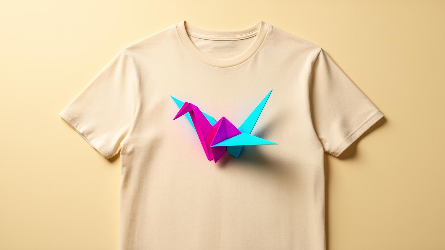 Crane Tee — cream tee with neon origami crane print