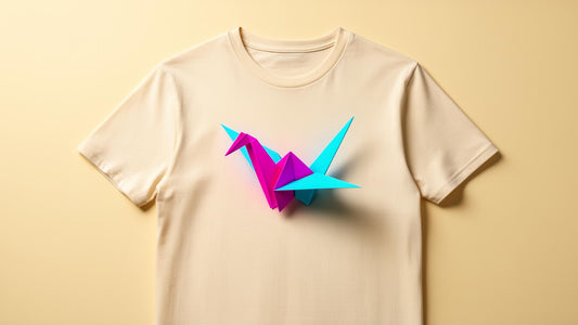 Crane Tee — cream tee with neon origami crane print