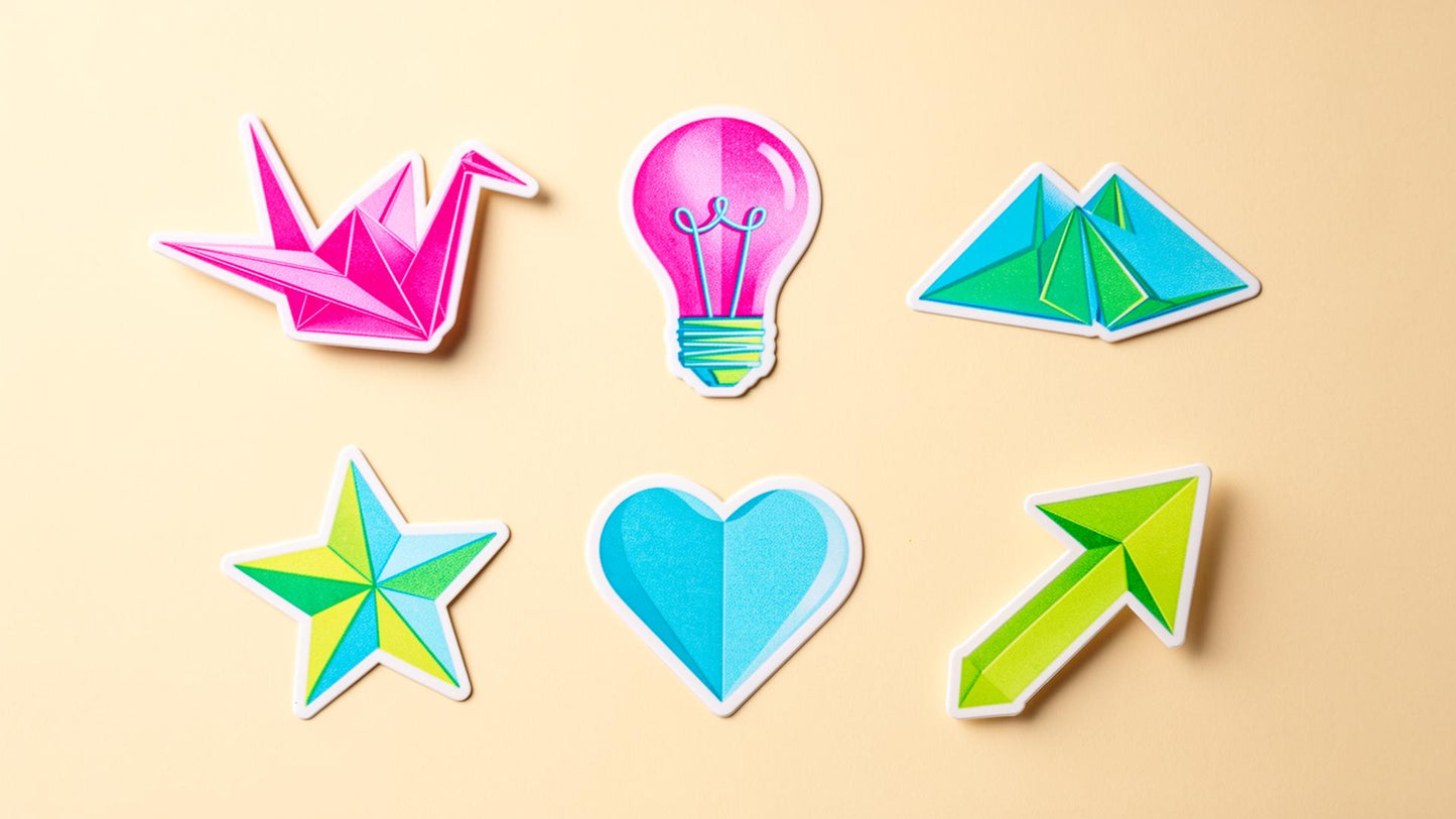 Fold Sticker Pack — six riso origami stickers in magenta, cyan, lime