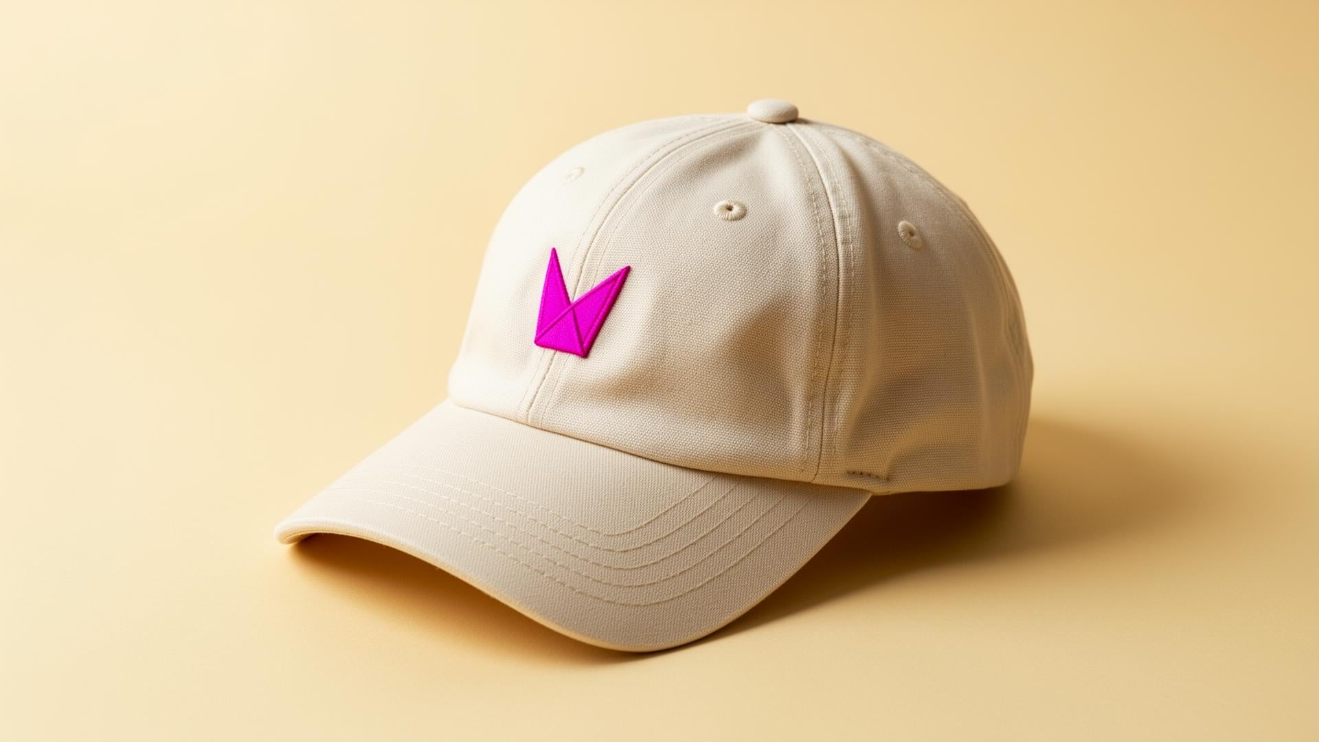 Foundation Cap — cream dad cap with neon magenta fold mark