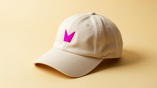 Foundation Cap — cream dad cap with neon magenta fold mark